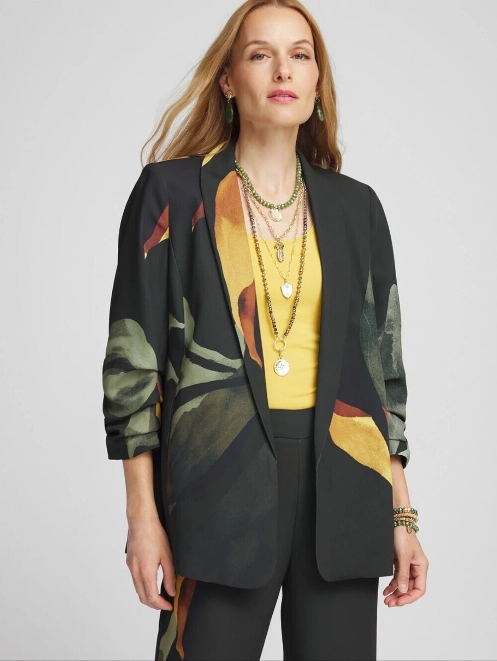 Chicos Ruched Sleeve Print Blazer Green Yellow Satin Feel Open Front 2.5 (US 14)